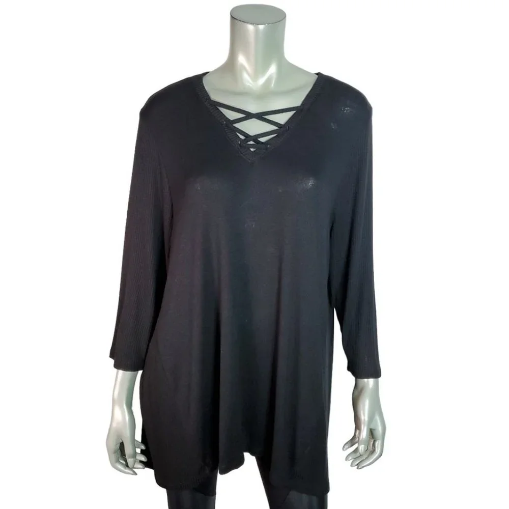 Lane Bryant Top Plus Size 18/20 Ribbed Stretch Long Sleeve Casual Pullover Black